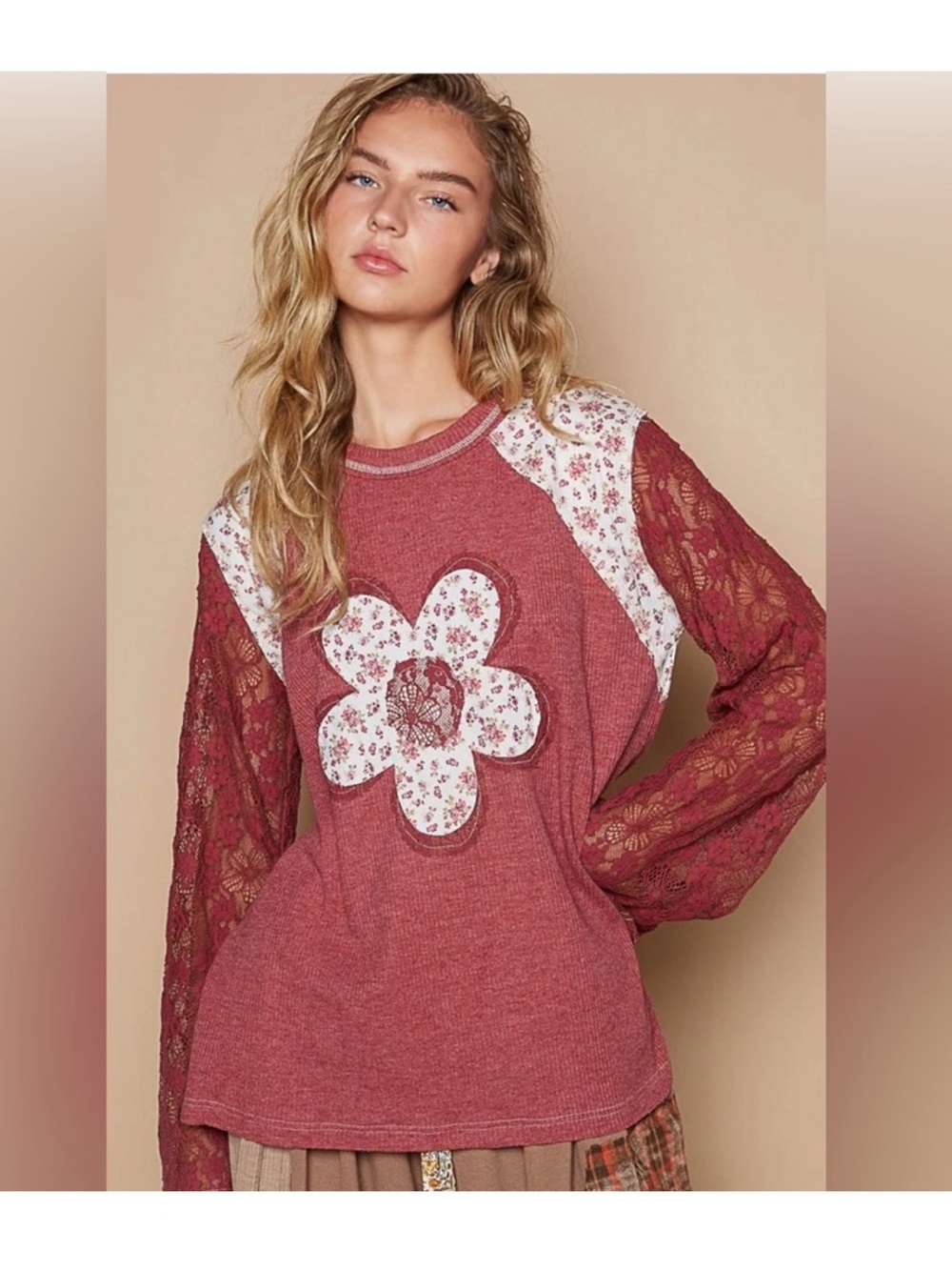 POL clothing zoey lace sleeve patchwork floral top L